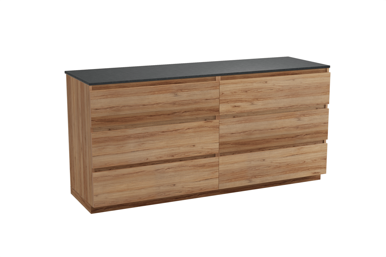 Balmani Lucida freistehendes Möbelstück Set: 180 x 55 cm, Teak, mit Stretto Einzel- oder Doppel Waschtischplatte, Schwarzes Granit