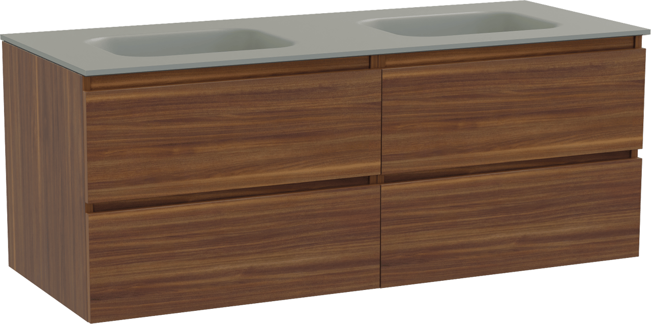 Balmani Lucida meuble salle de bains suspendu 135 x 55 cm noyer américain avec Tablo Arcato double vasque en solid surface gris pierre