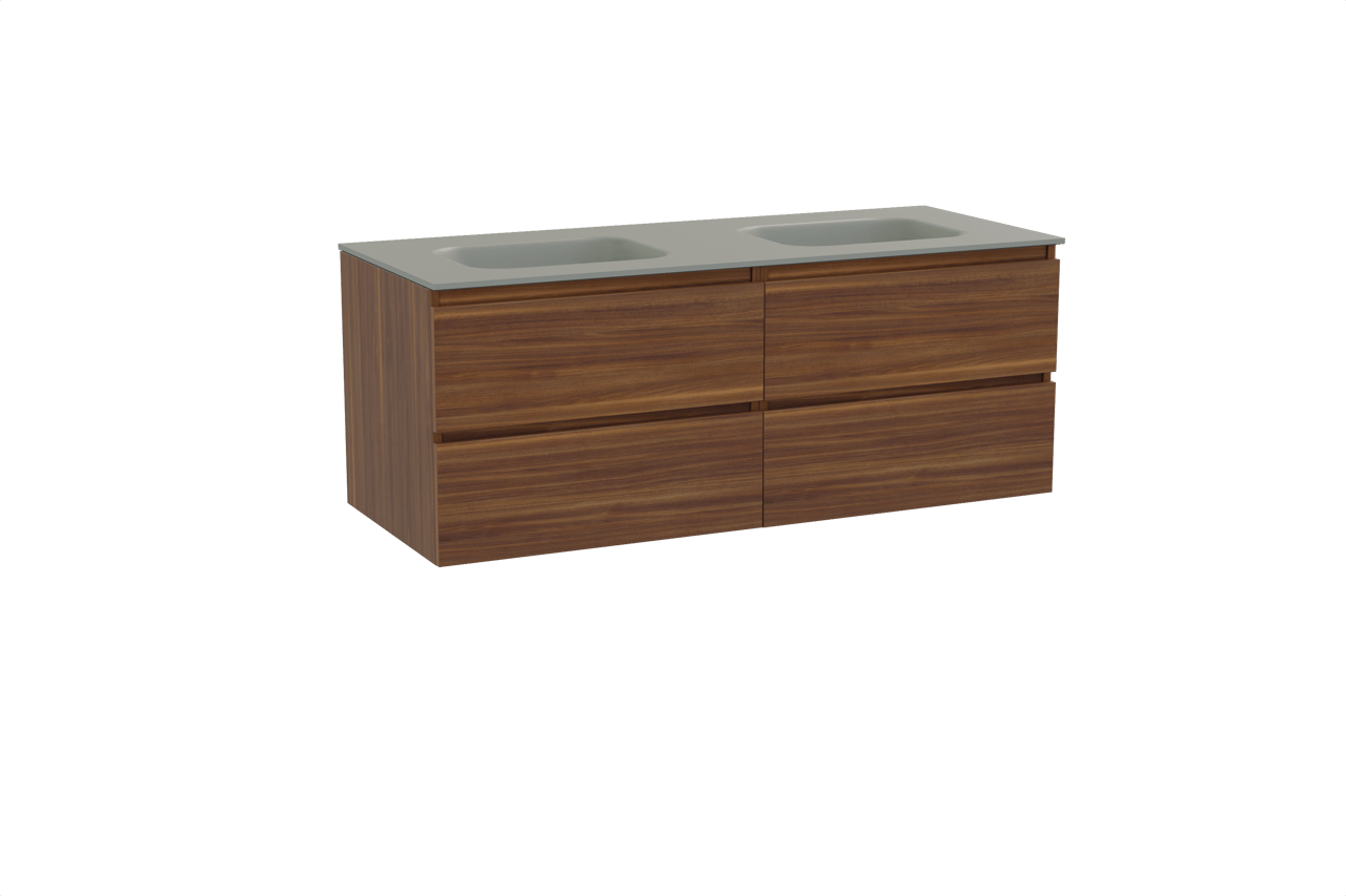 Balmani Lucida meuble salle de bains suspendu 135 x 55 cm noyer américain avec Tablo Arcato double vasque en solid surface gris pierre