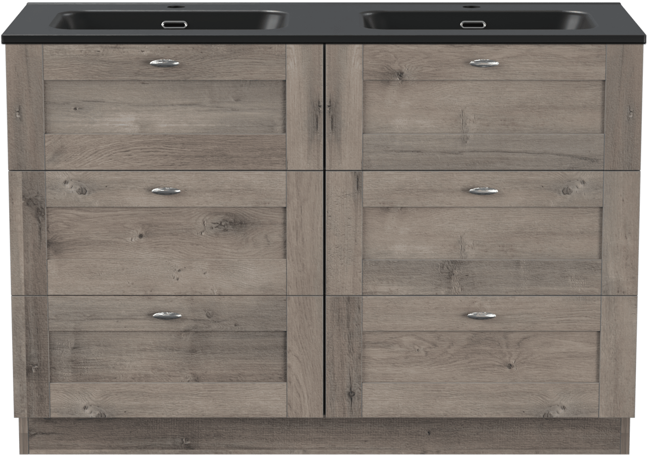 Linie Classo freistehendes Möbelstück Set: 120 x 46 cm, Graue Eiche, mit Baro Doppelwaschtisch, Porzellan Schwarz matt