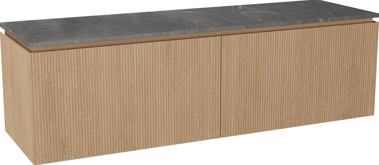 Balmani Eclips meuble salle de bains suspendu 180 x 55 cm Chêne naturelle avec Stretto tablette simple ou double vasque en Pietra Grey marbre, Nervure droite symétrique verticale