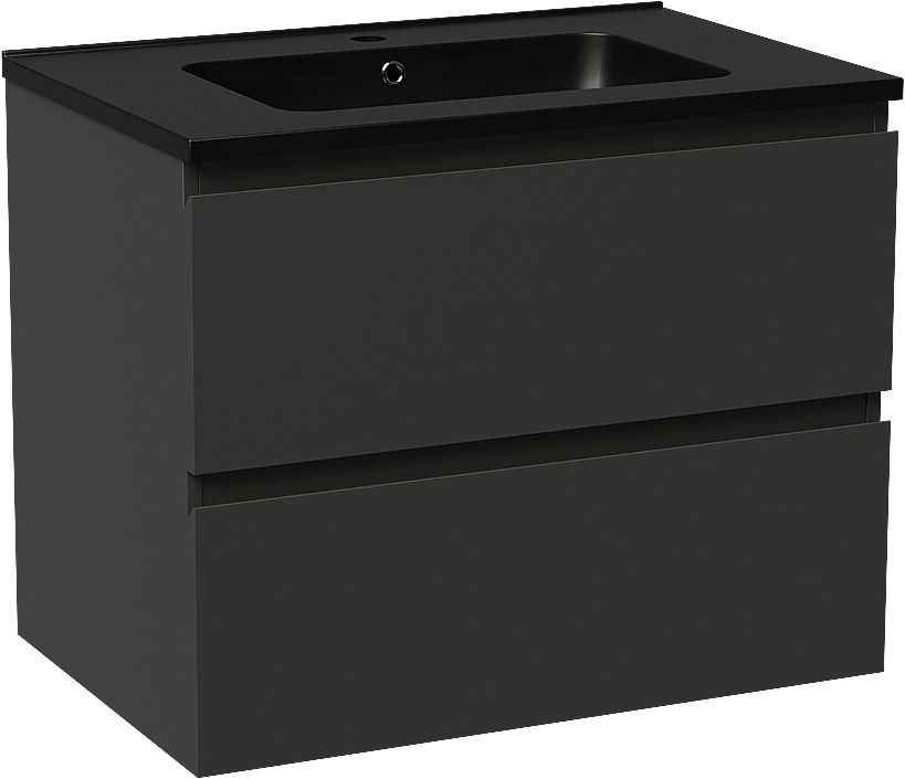 Linie Lado hängendes Möbelstück Set: 70 x 46 cm, Schwarz matt, mit Vano Einzelwaschtisch, Marmorkomposit Schwarz matt