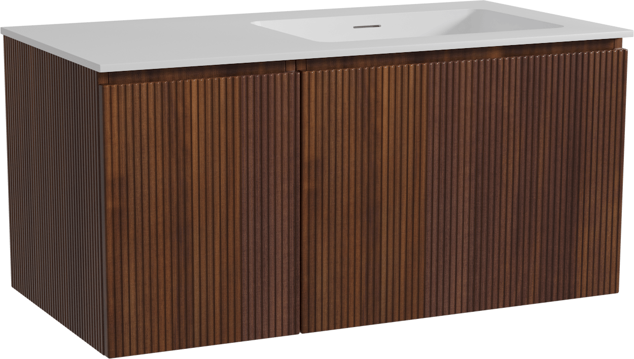 Storke Ribs zwevend badmeubel 100 x 52 cm notenhout met Mata asymmetrisch rechtse wastafel in solid surface mat wit, Verticale symmetrische rechte ribbel