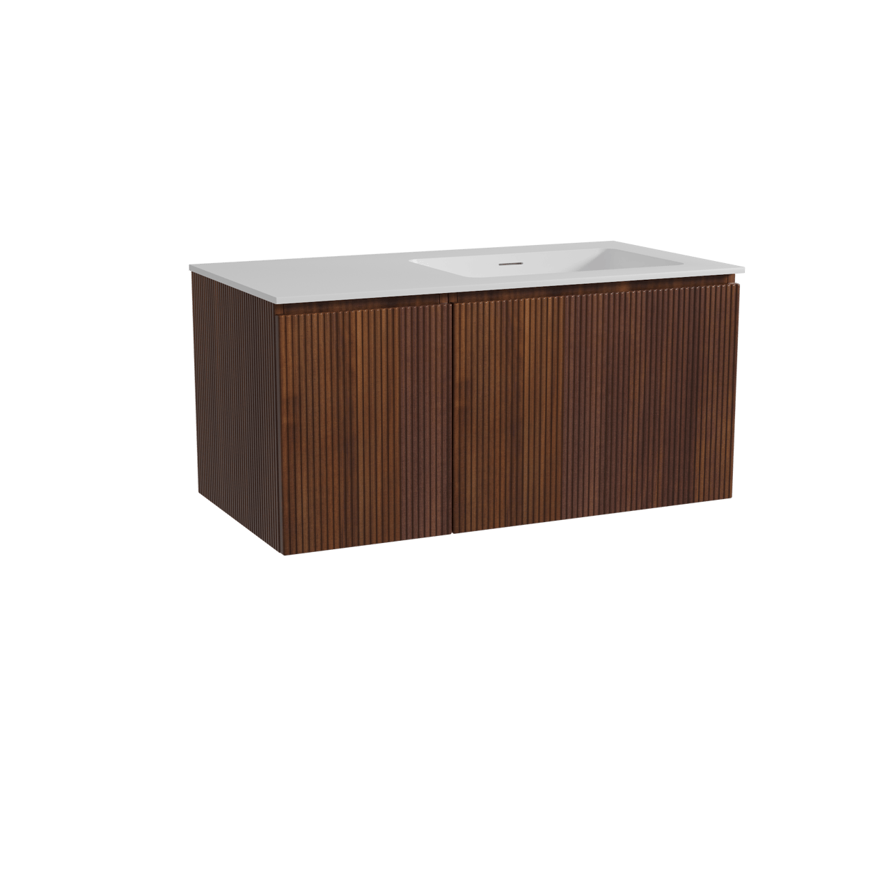 Storke Ribs meuble salle de bains suspendu 100 x 52 cm noyer avec Mata vasque asymétrique droite en solid surface blanc mat, Nervure droite symétrique verticale