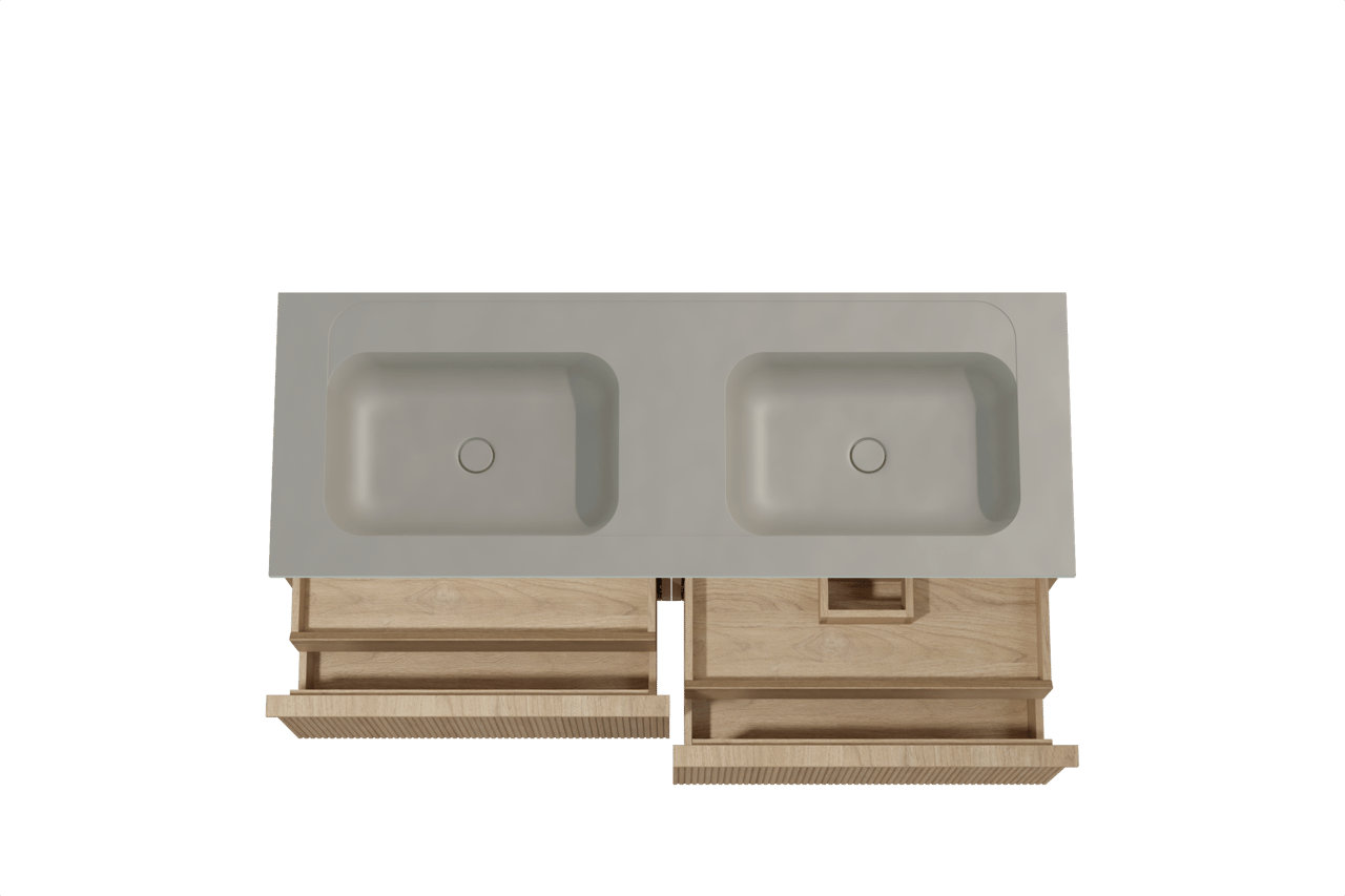 Balmani Forma hängendes Möbelstück Set: 150 x 55 cm, Naturbelassene Eiche, mit Tablo Strada Doppelwaschtisch, Marmorkomposit, Seidengrau, Vertikale symmetrische gerade Rippe