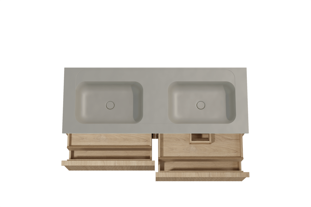 Balmani Forma hängendes Möbelstück Set: 150 x 55 cm, Naturbelassene Eiche, mit Tablo Strada Doppelwaschtisch, Marmorkomposit, Seidengrau, Vertikale symmetrische gerade Rippe