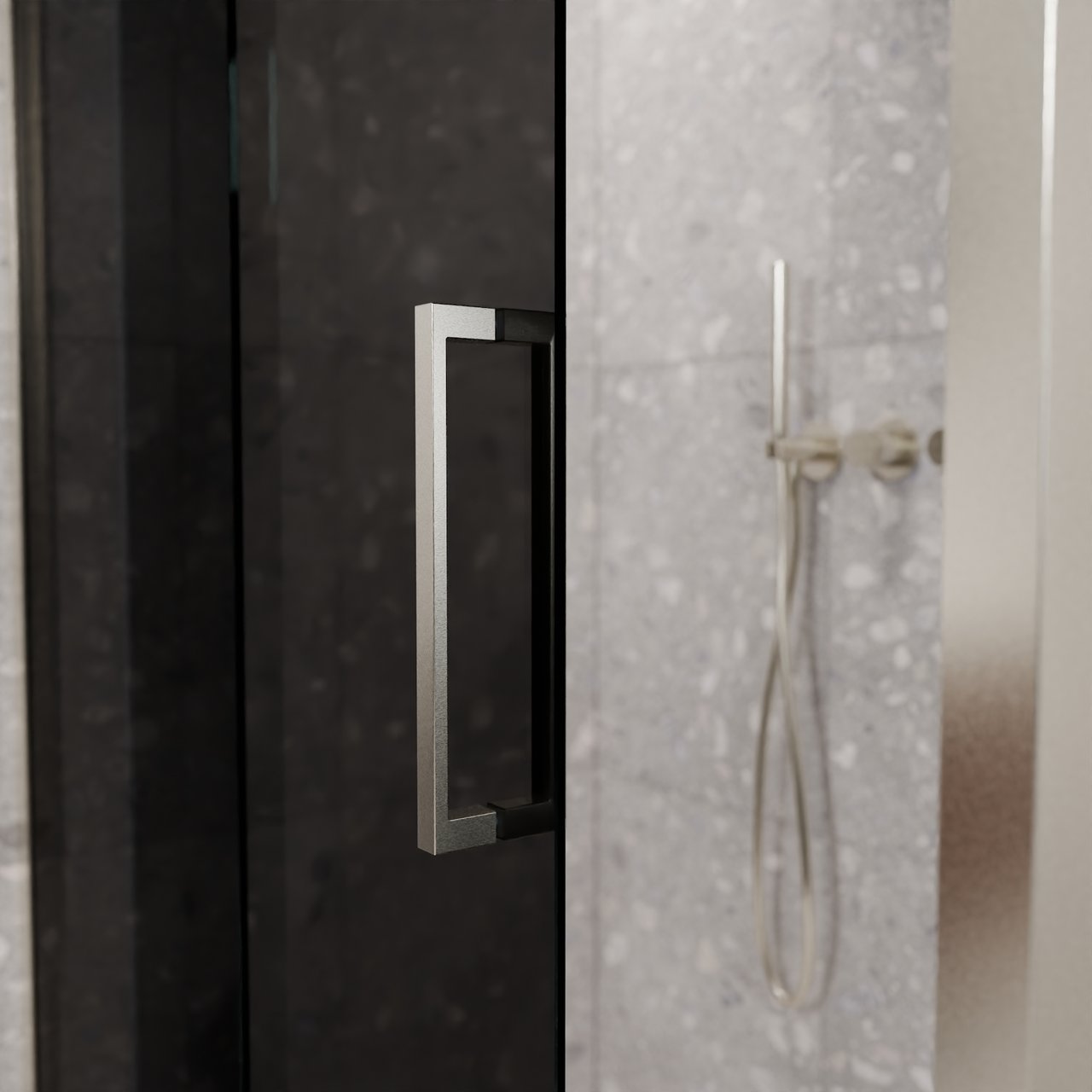 Balmani Senses Design douche en coin avec porte coulissante à gauche et paroi latérale fixe, 120 x 100 cm, Verre fumé, Profil Brushed CoolMetal, coating inclus