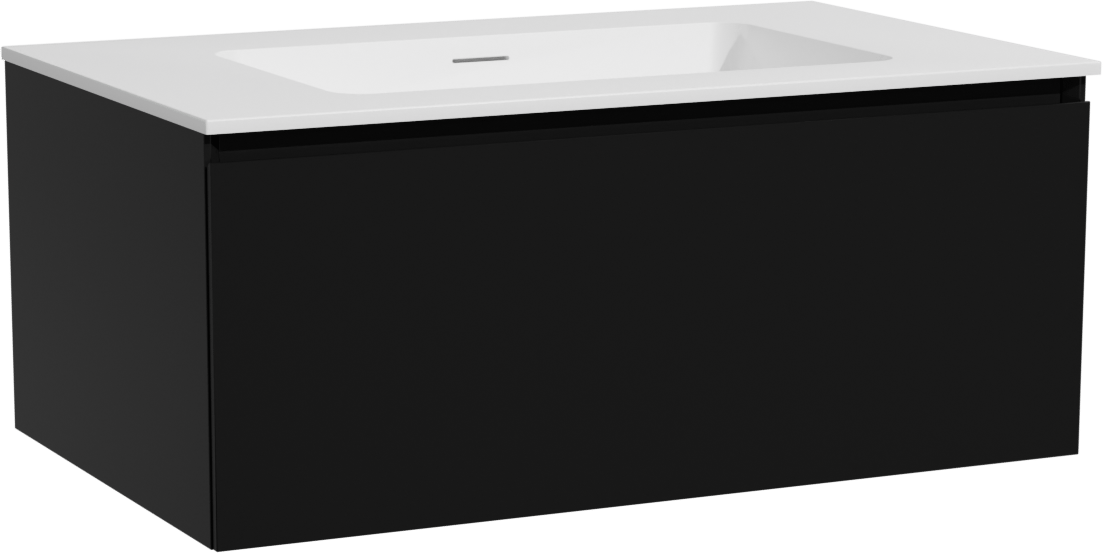 Storke Edge hängendes Möbelstück Set: 85 x 52 cm, Schwarz matt, mit Mata Einzelwaschtisch, Solid Surface Weiß matt