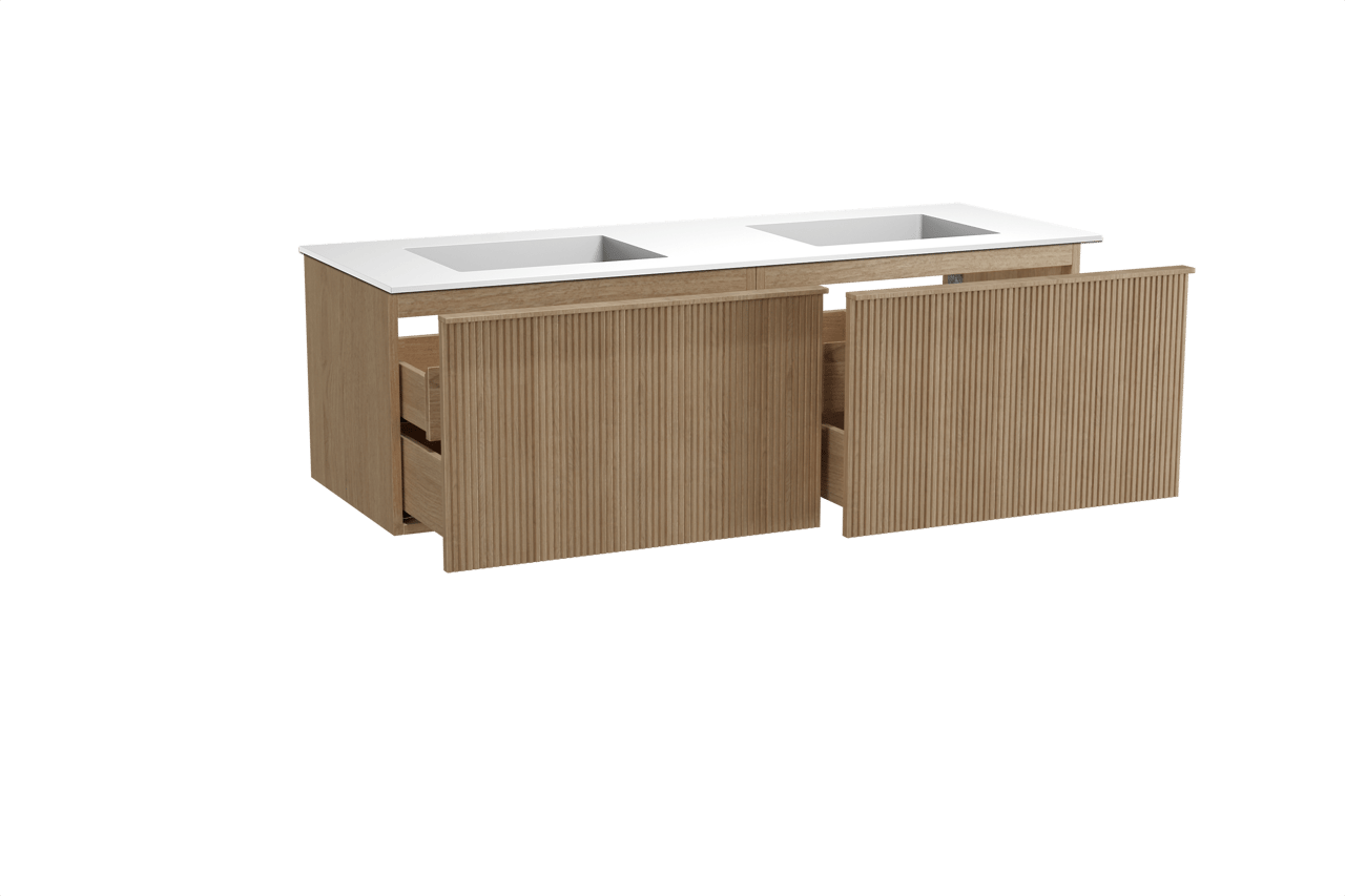 Balmani Forma meuble salle de bains suspendu 150 x 55 cm chêne naturel avec Tablo Stretto double vasque en solid surface blanc mat, Nervure droite symétrique verticale