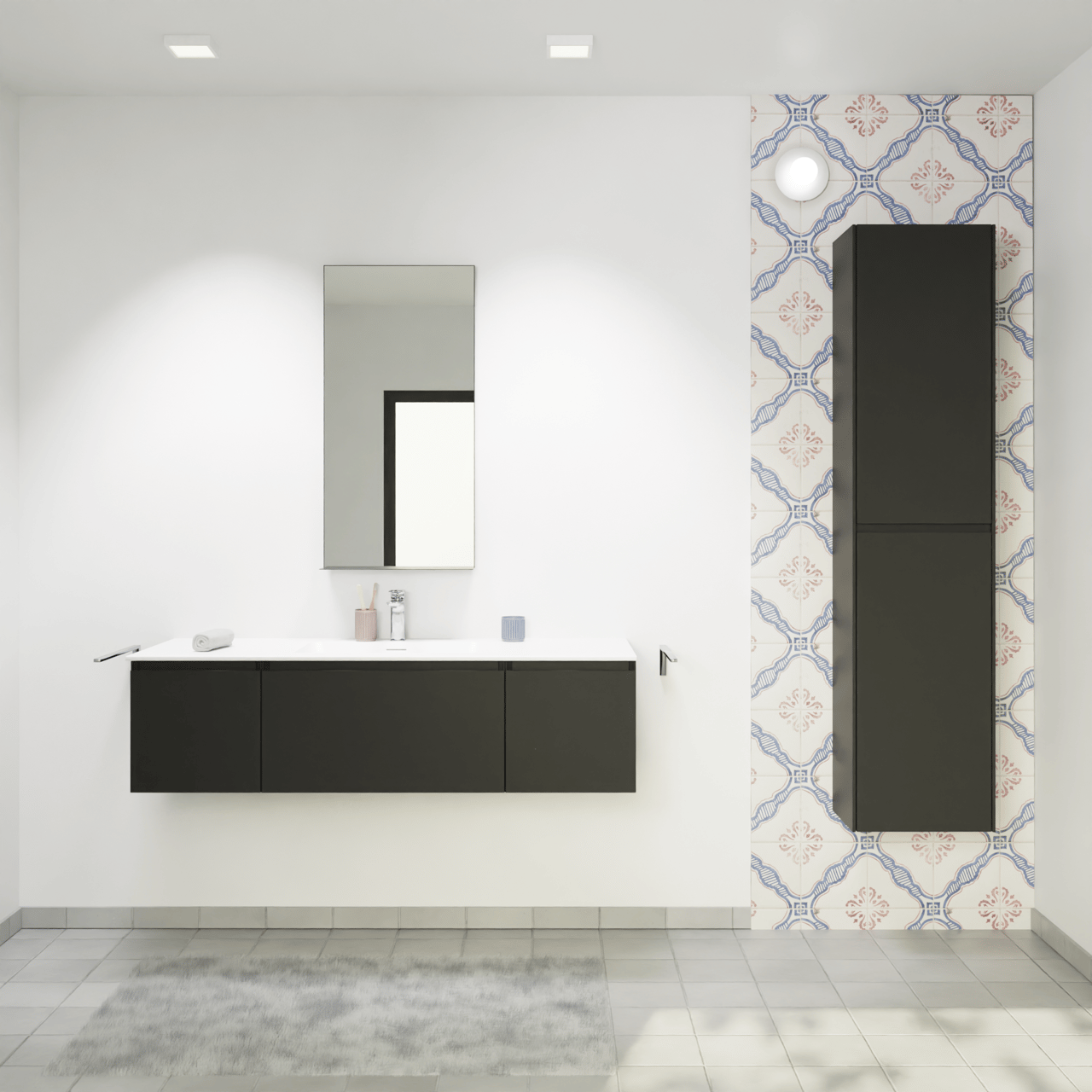 Storke Edge hängendes Möbelstück Set: 135 x 52 cm, Schwarz matt, mit Mata Einzelwaschtisch, Solid Surface Weiß matt