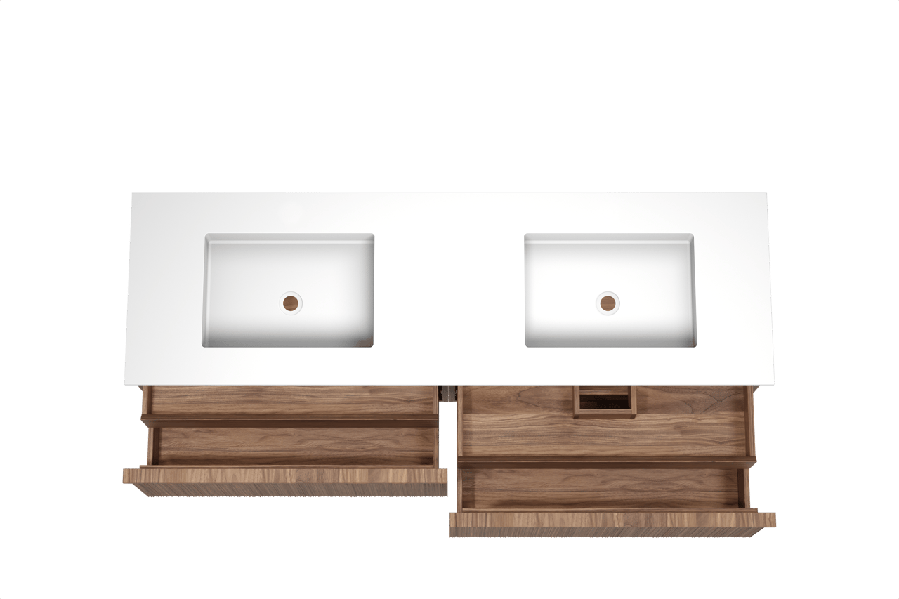 Balmani Forma hängendes Möbelstück Set: 180 x 55 cm, Amerikanischer Nussbaum, mit Tablo Stretto Doppelwaschtisch, Solid Surface, Weiß matt, Vertikale asymmetrische Runde Rippe