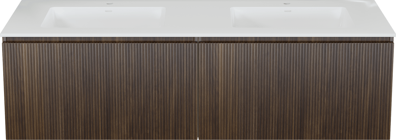 Storke Ribs meuble salle de bains suspendu 170 x 52 cm noyer avec Bilia double vasque en marbre composite blanc brillant, Nervure droite symétrique verticale