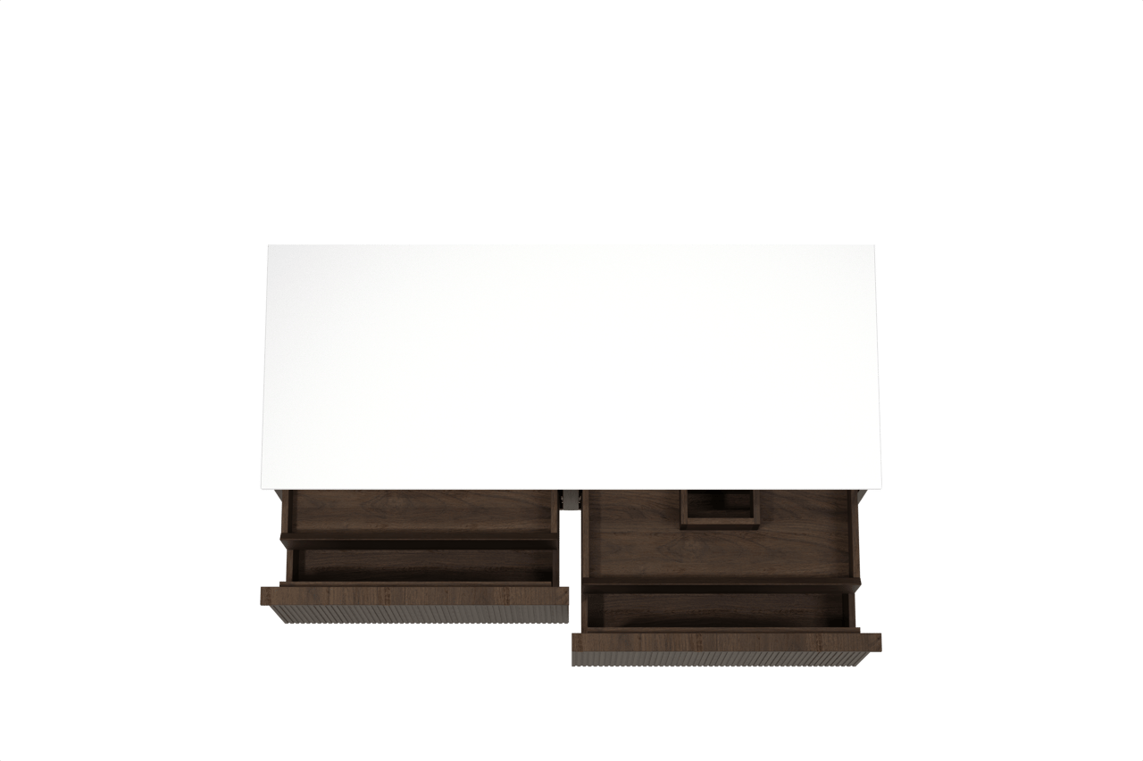 Balmani Forma zwevend badkamermeubel 135 x 55 cm gerookte eik met Stretto enkel of dubbel tablet in solid surface mat wit, Verticale symmetrische rechte ribbel