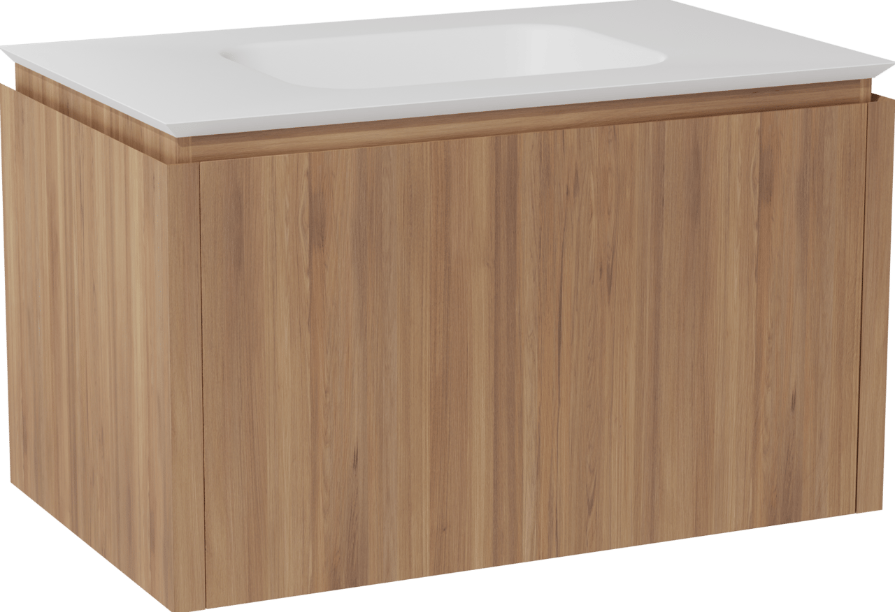 Balmani Eclips zwevend badkamermeubel 90 x 55 cm Teak met Eclips enkele wastafel in Solid Surface mat wit