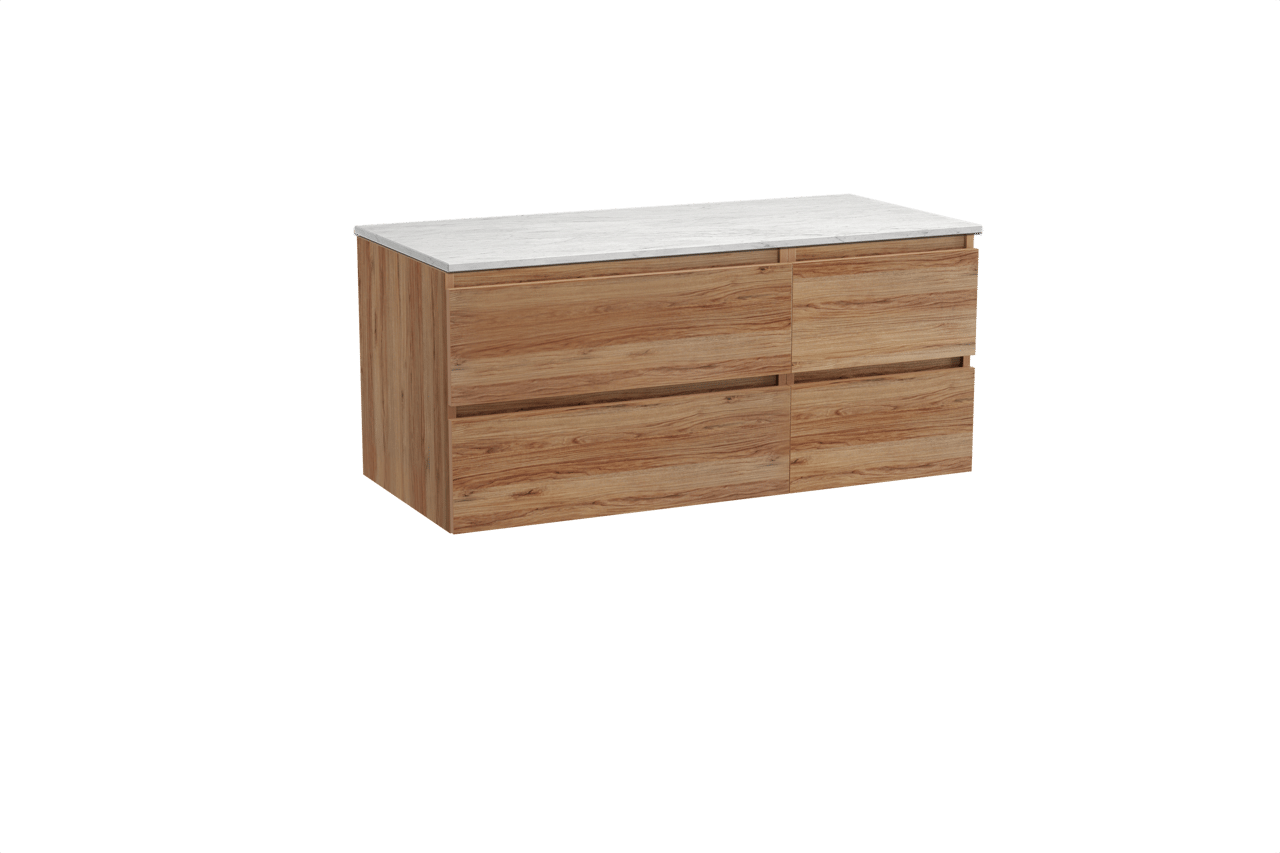 Balmani Lucida hängendes Möbelstück Set: 120 x 55 cm, Teak, mit Stretto Einzel- oder Doppel Waschtischplatte, Marmor Carrara