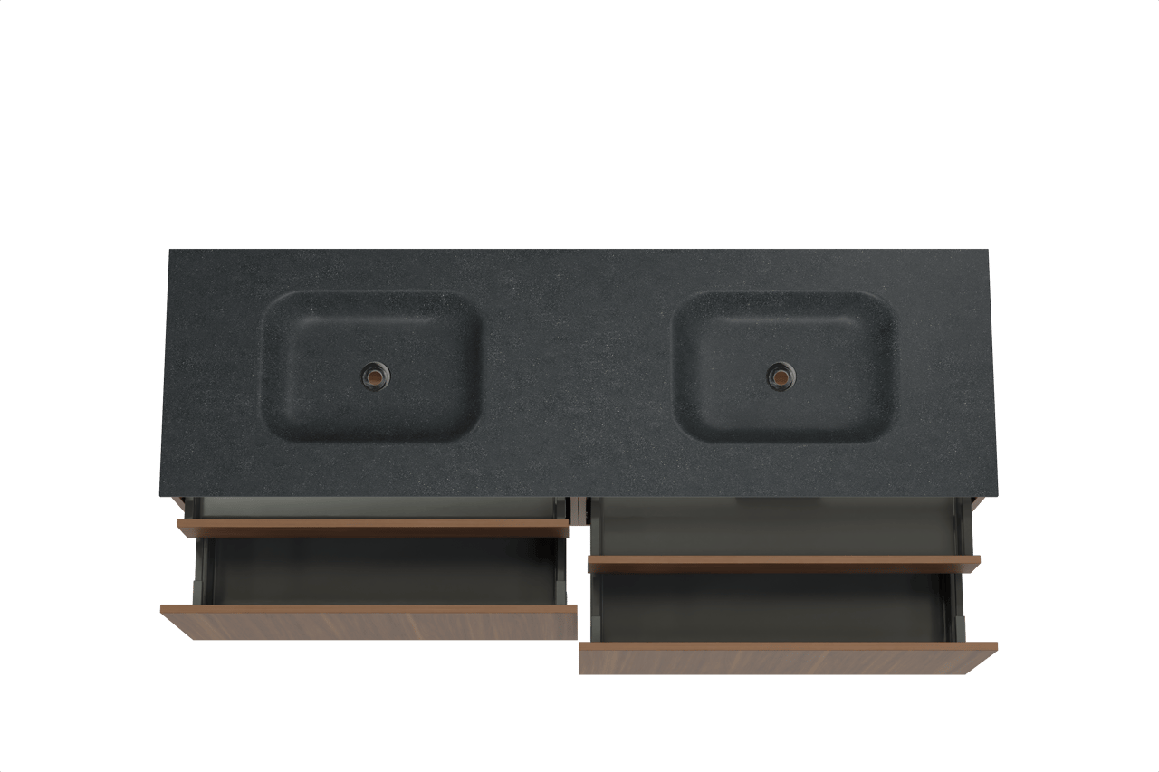 Balmani Sfera hängendes Möbelstück Set: 180 x 55 cm, Amerikanischer Nussbaum, mit Tablo Arcato Doppelwaschtisch, Schwarzes Granit