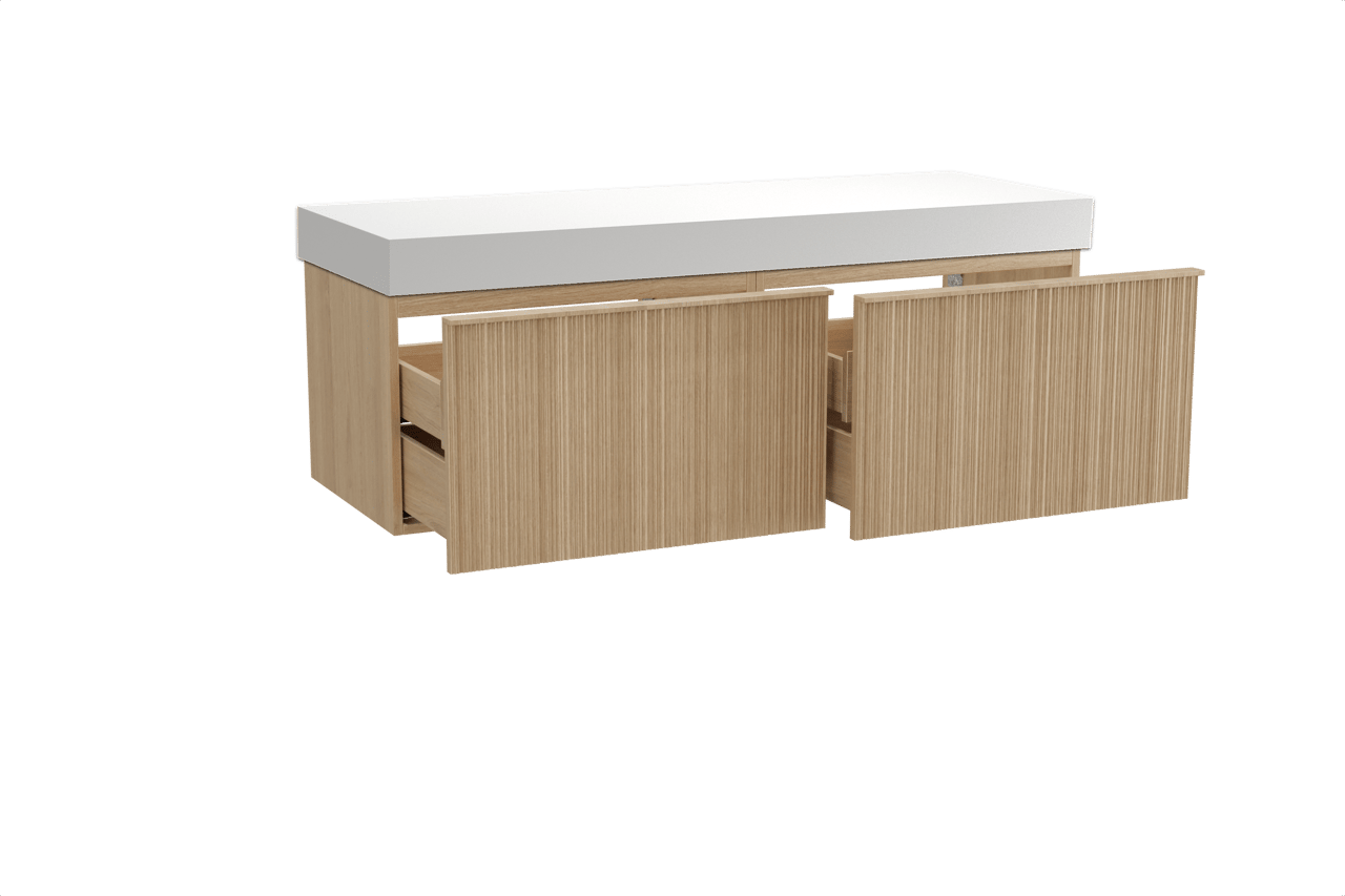 Balmani Forma hängendes Möbelstück Set: 150 x 55 cm, Naturbelassene Eiche, mit Dominus Einzel- oder Doppel Waschtischplatte, Solid Surface, Weiß matt, Vertikale asymmetrische Runde Rippe