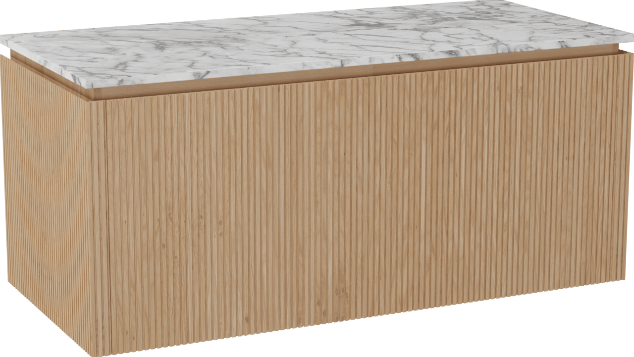 Balmani Eclips hängendes Möbelstück Set: 120 x 55 cm, Eiche Natur, mit Stretto Einzel- oder Doppel Waschtischplatte Carrara-Marmor, Vertikale symmetrische gerade Rippe