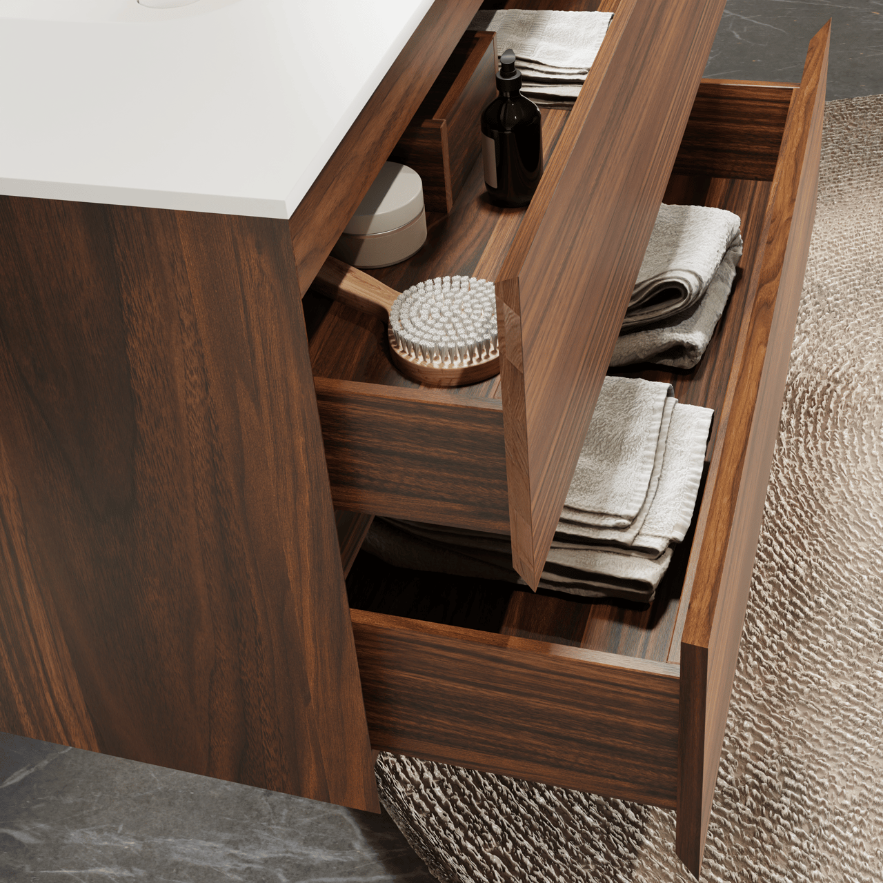 Balmani Mitra zwevend badmeubel 135 x 55 cm notenhout met Tablo Arcato asymmetrisch rechtse wastafel in solid surface mat wit