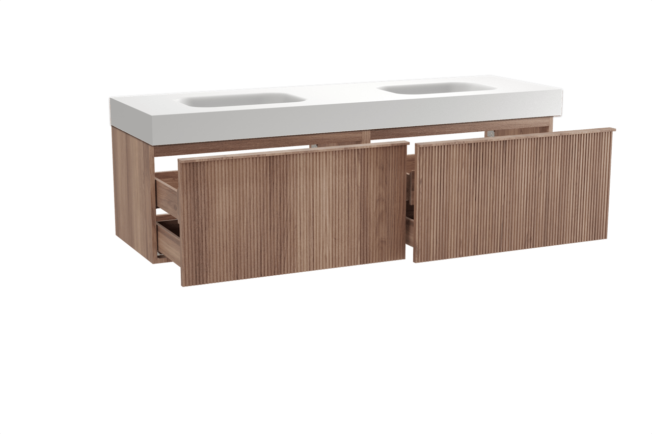 Balmani Forma meuble salle de bains suspendu 180 x 55 cm teck avec Arcato double vasque en solid surface blanc mat, Nervure droite symétrique verticale