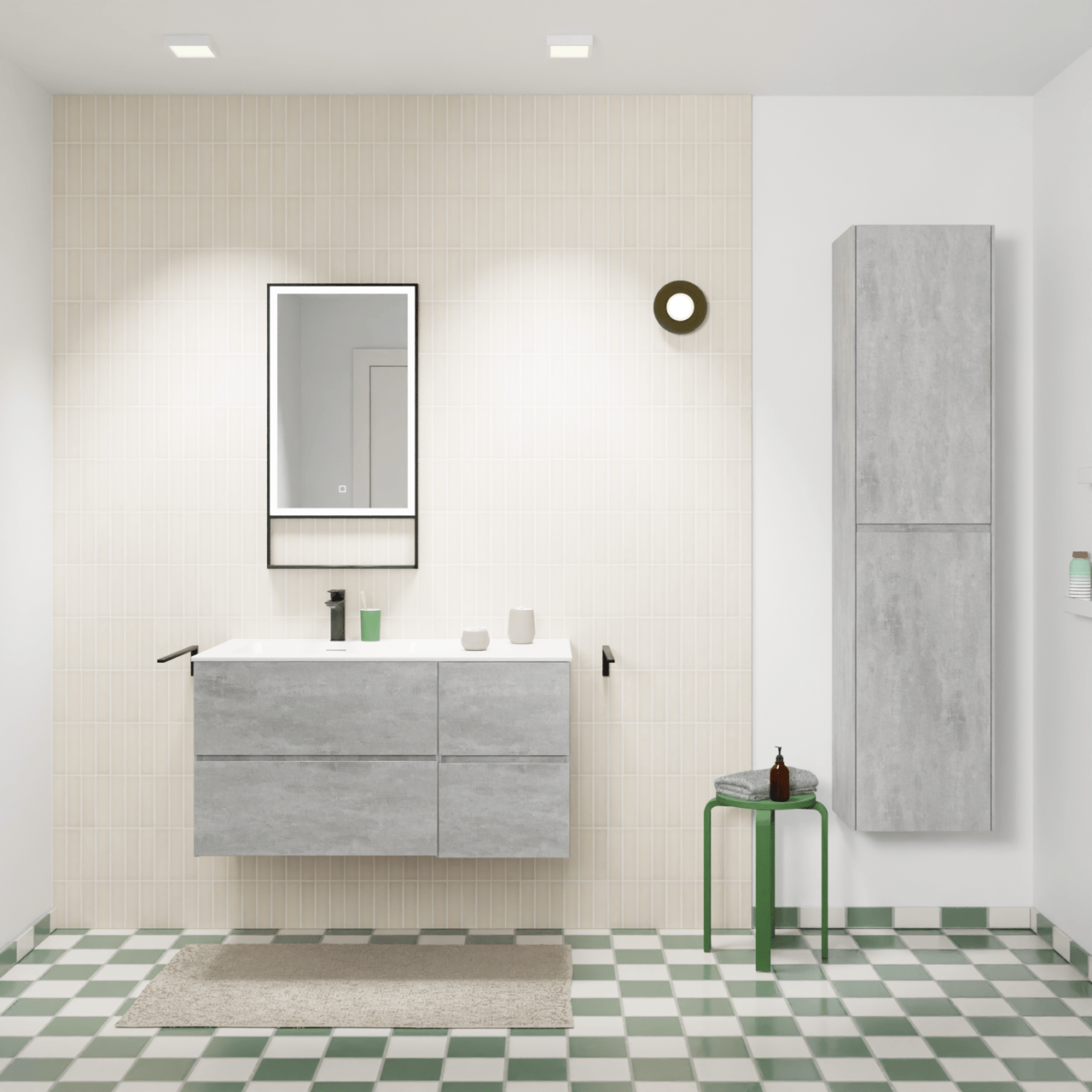 Storke Edge zwevend badmeubel 100 x 52 cm beton donkergrijs met Mata asymmetrisch linkse wastafel in solid surface mat wit