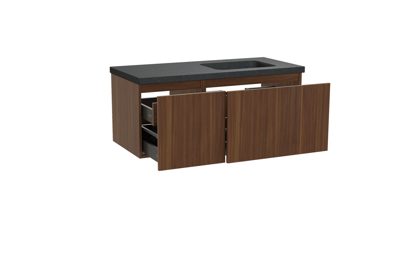 Balmani Sfera hängendes Möbelstück Set: 120 x 55 cm, Amerikanischer Nussbaum, mit Napoli Waschtisch rechts, Schwarzes Granit