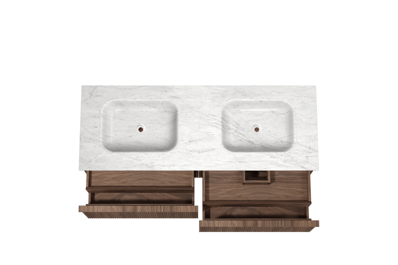 Balmani Forma hängendes Möbelstück Set: 150 x 55 cm, Amerikanischer Nussbaum, mit Tablo Arcato Doppelwaschtisch, Marmor, Carrara, Vertikale symmetrische gerade Rippe