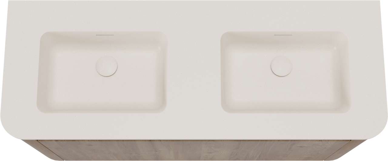 Storke Soft hängendes Möbelstück Set: 120 x 46 cm, Eiche rau, mit Mata Soft Doppelwaschtischplatte Solid Surface Beige Granit