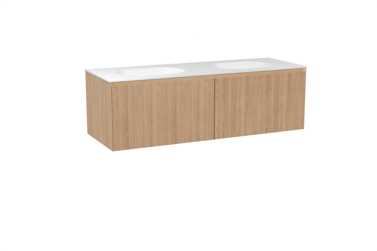 Balmani Fila meuble salle de bains suspendu 150 x 55 cm chêne naturel avec Tablo Oval double vasque en solid surface blanc mat, Nervure droite symétrique verticale