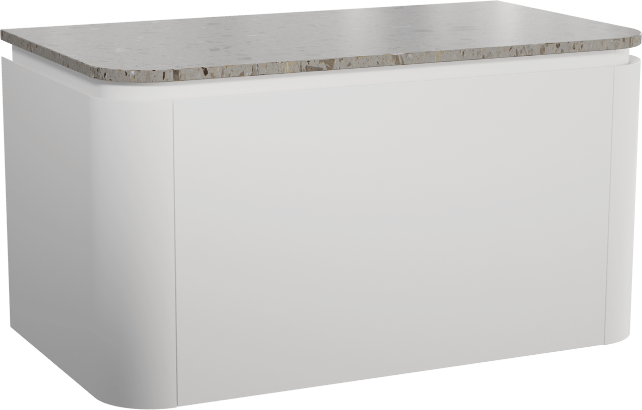 Balmani Moon meuble salle de bains suspendu 100 x 55 cm blanc mat avec Moon tablette simple en terrazzo greige terrazzo avec Bag vasque à poser et Moon colonne salle de bains