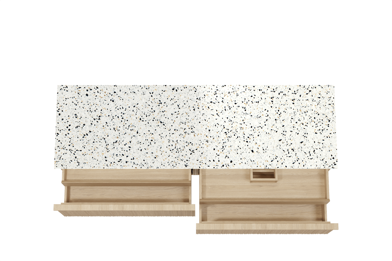 Balmani Forma zwevend badkamermeubel 180 x 55 cm natuur eik met Stretto enkel of dubbel tablet in mat wit/zwart terrazzo, Verticale asymmetrische ronde ribbel
