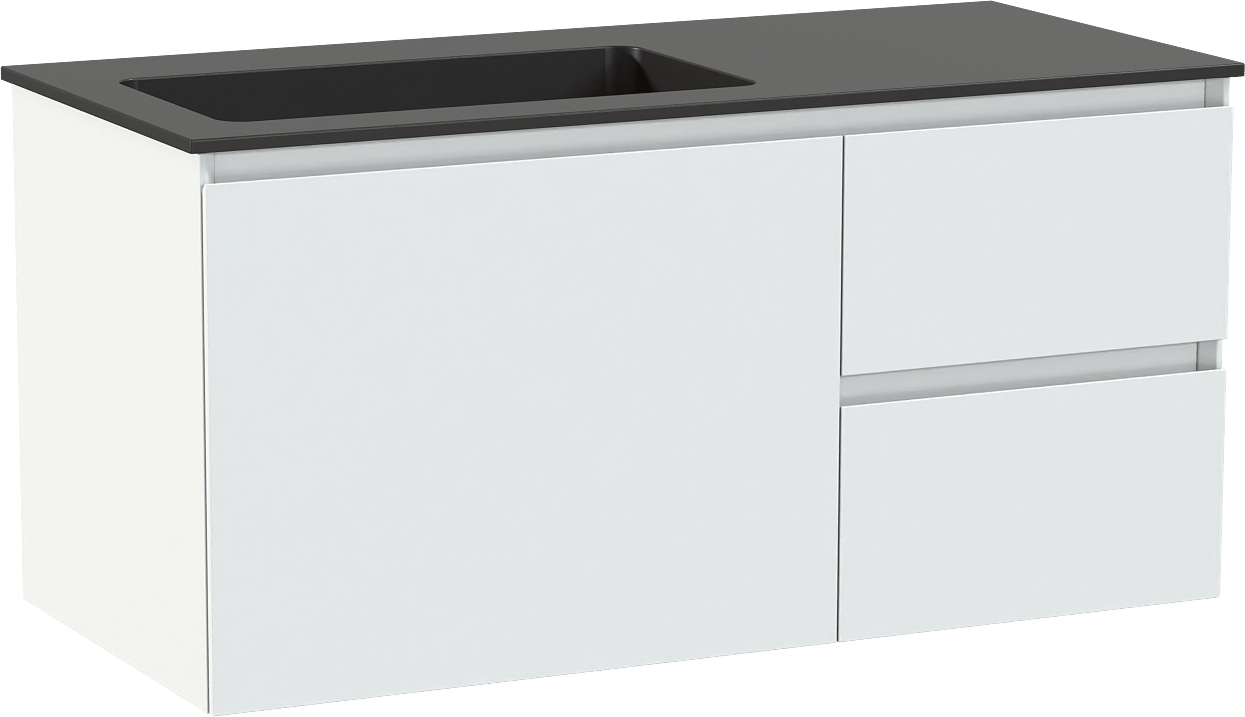 Storke Edge zwevend badmeubel 100 x 46 cm mat wit met Scuro asymmetrisch linkse wastafel in kwarts mat zwart