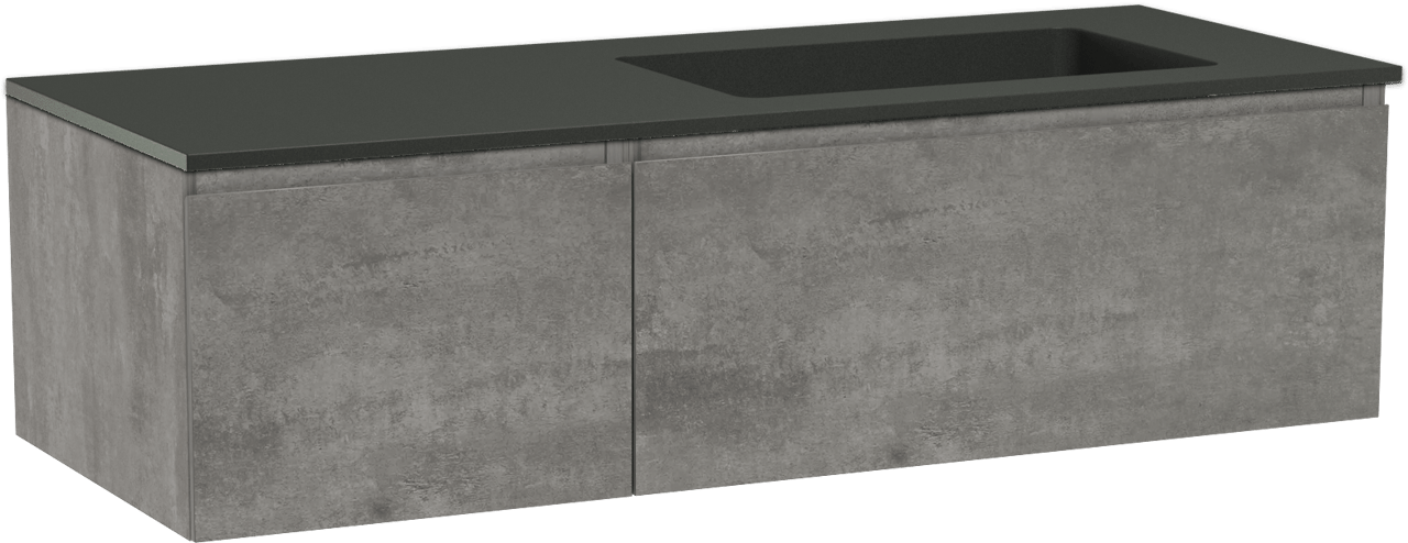 Storke Edge zwevend badkamermeubel 130 x 52 cm beton donkergrijs met Scuro asymmetrisch rechtse wastafel in kwarts mat zwart