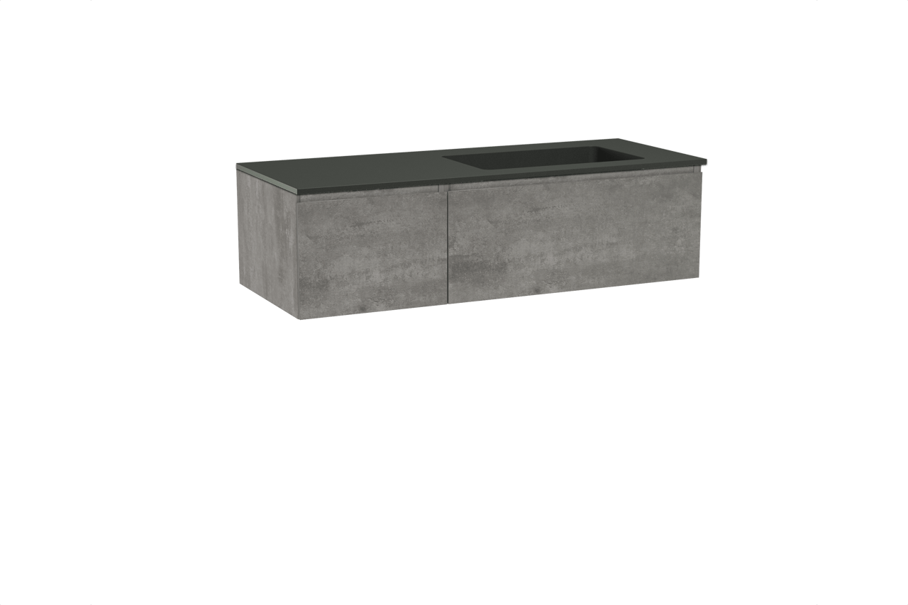 Storke Edge meuble salle de bains suspendu 130 x 52 cm béton gris foncé avec Scuro vasque asymétrique droite en quartz noir mat