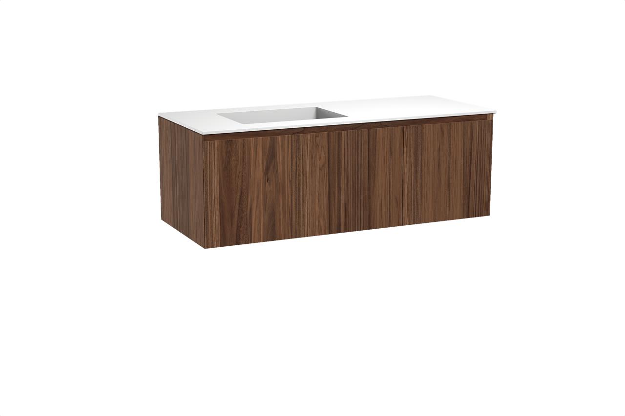 Balmani Idra meuble salle de bains suspendu 135 x 55 cm noyer avec Tablo Stretto vasque asymétrique gauche en solid surface blanc mat