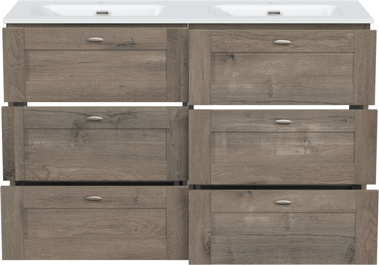 Linie Classo freistehendes Möbelstück Set: 120 x 46 cm, Graue Eiche, mit Baro Doppelwaschtisch, Porzellan Weiß matt