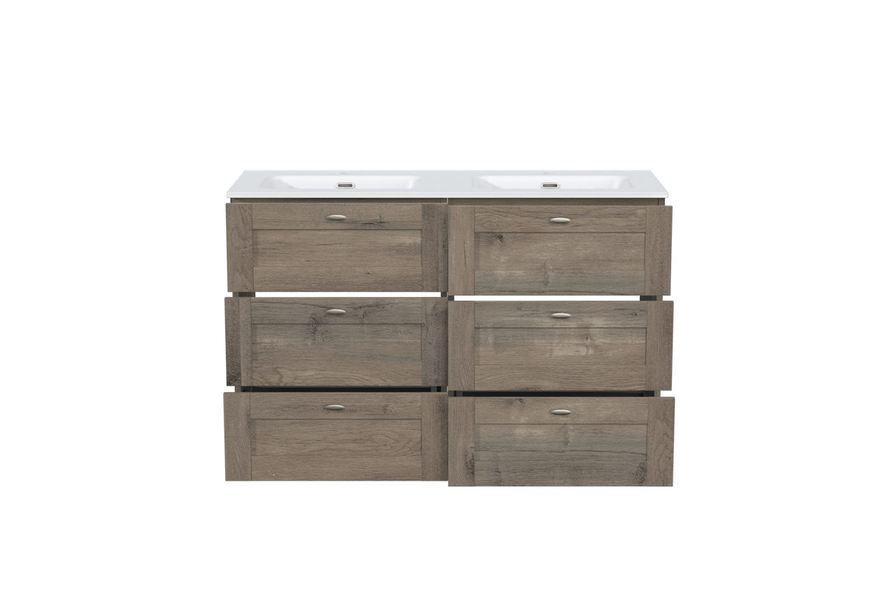 Linie Classo freistehendes Möbelstück Set: 120 x 46 cm, Graue Eiche, mit Baro Doppelwaschtisch, Porzellan Weiß matt