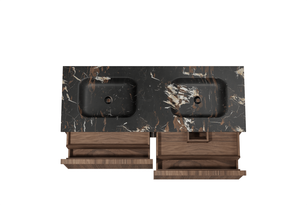 Balmani Forma hängendes Möbelstück Set: 150 x 55 cm, Amerikanischer Nussbaum, mit Tablo Arcato Doppelwaschtisch, Marmor, Portoro Gold, Vertikale symmetrische gerade Rippe