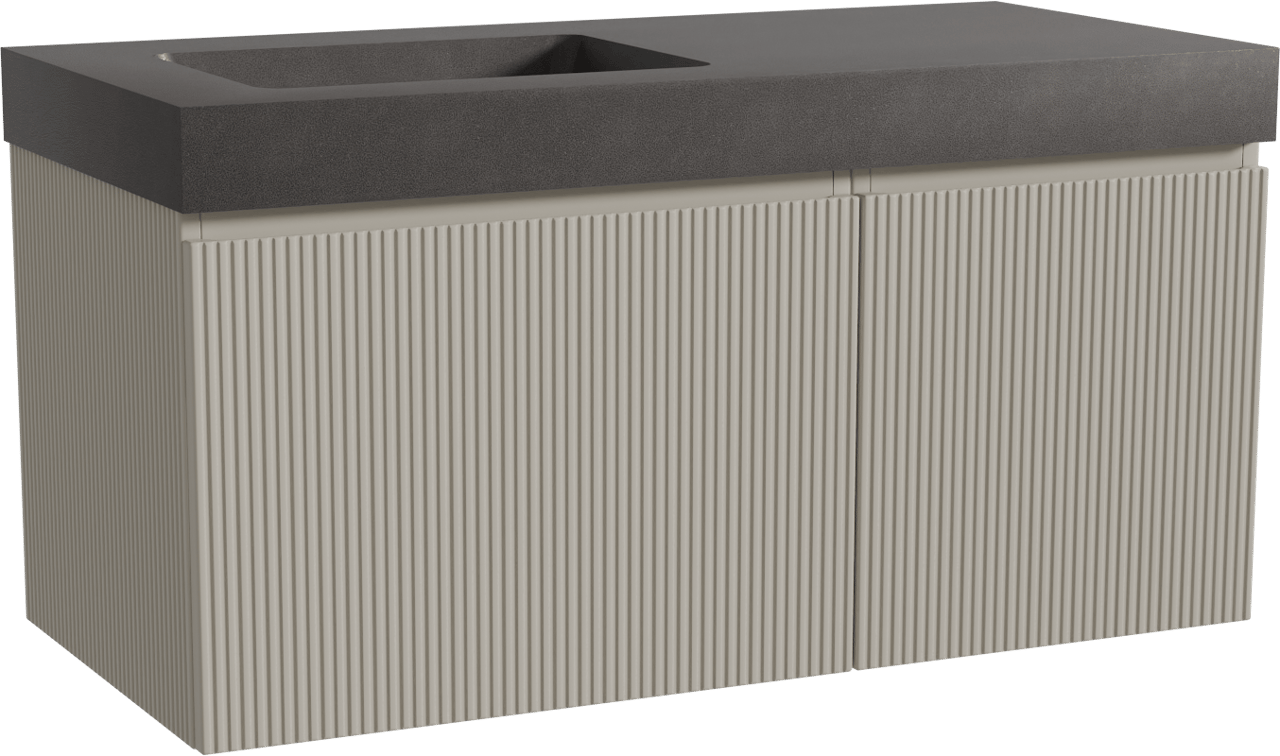 Storke Ribs zwevend badmeubel 110 x 52 cm zijdegrijs met Scuro High asymmetrisch linkse wastafel in kwarts mat zwart, Verticale symmetrische rechte ribbel