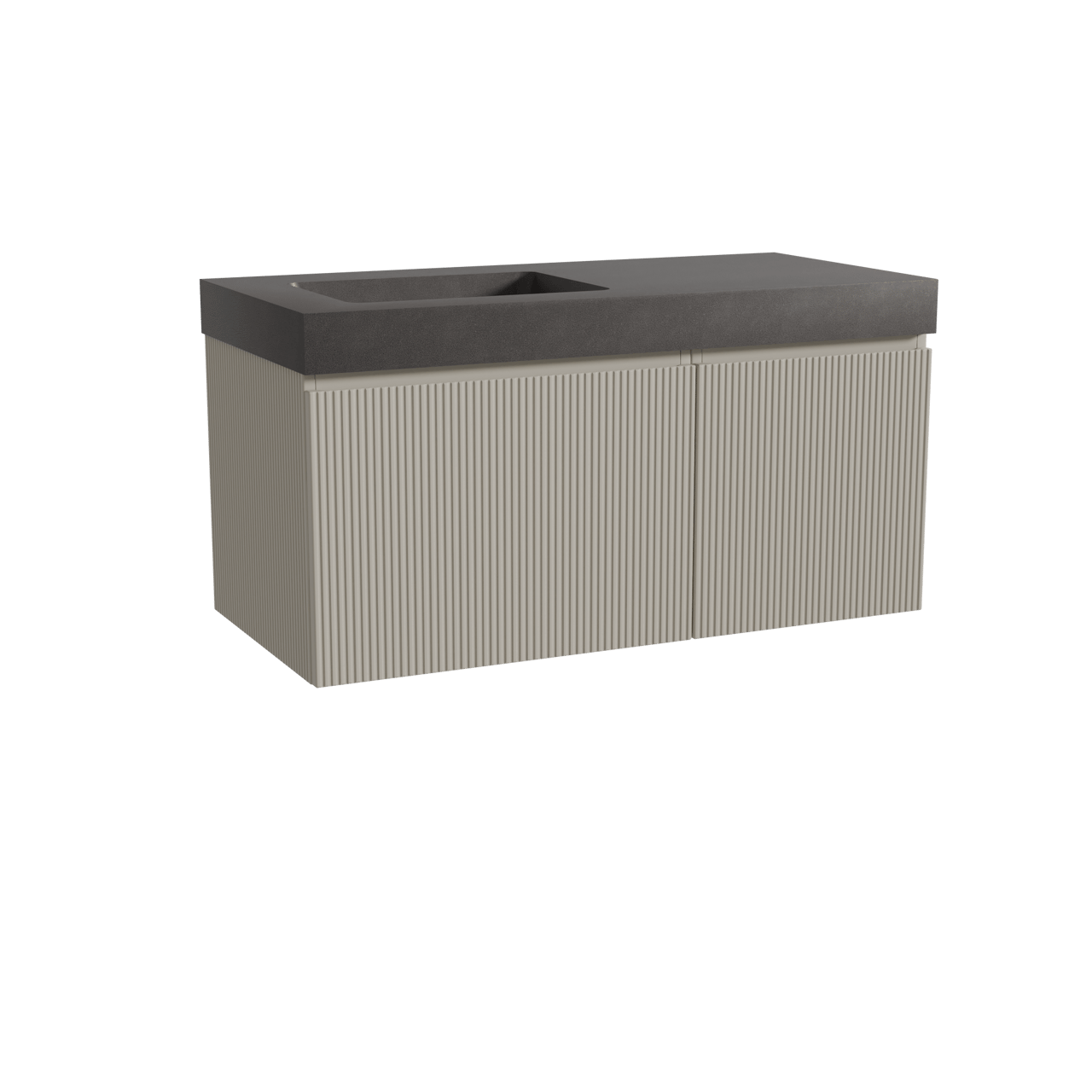 Storke Ribs zwevend badkamermeubel 110 x 52 cm zijdegrijs met Scuro High asymmetrisch linkse wastafel in kwarts mat zwart, Verticale symmetrische rechte ribbel