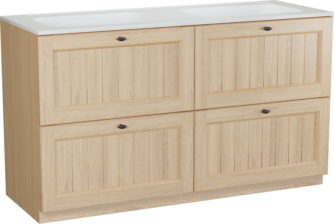 Balmani Lemon staand badkamermeubel 150 x 55 cm, fineer natuur eik met Tablo Strada dubbele wastafel in glanzend wit