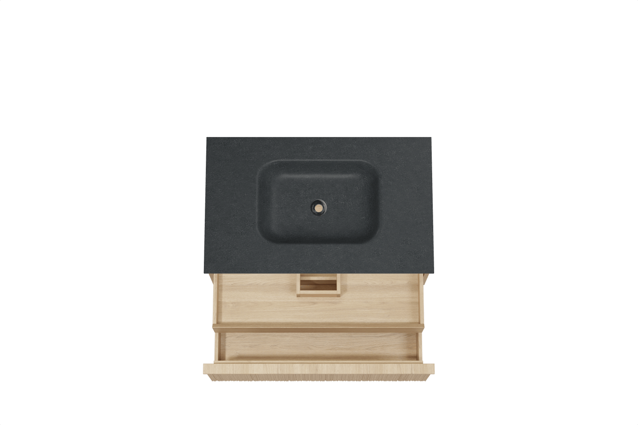 Balmani Forma meuble salle de bains suspendu 90 x 55 cm chêne naturel avec Tablo Arcato plan simple en granit noir, Nervure circulaire asymétrique verticale