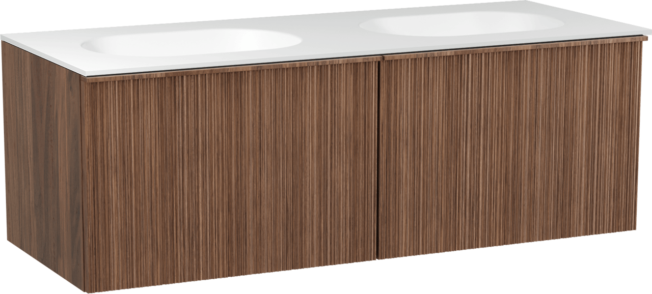 Balmani Forma meuble salle de bains suspendu 135 x 55 cm noyer américain avec Tablo Oval double vasque en solid surface blanc mat, Nervure circulaire asymétrique verticale