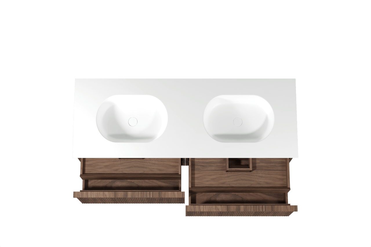 Balmani Forma zwevend badmeubel 150 x 55 cm amerikaans notenhout met Tablo Oval dubbele wastafel in solid surface mat wit, Verticale symmetrische rechte ribbel