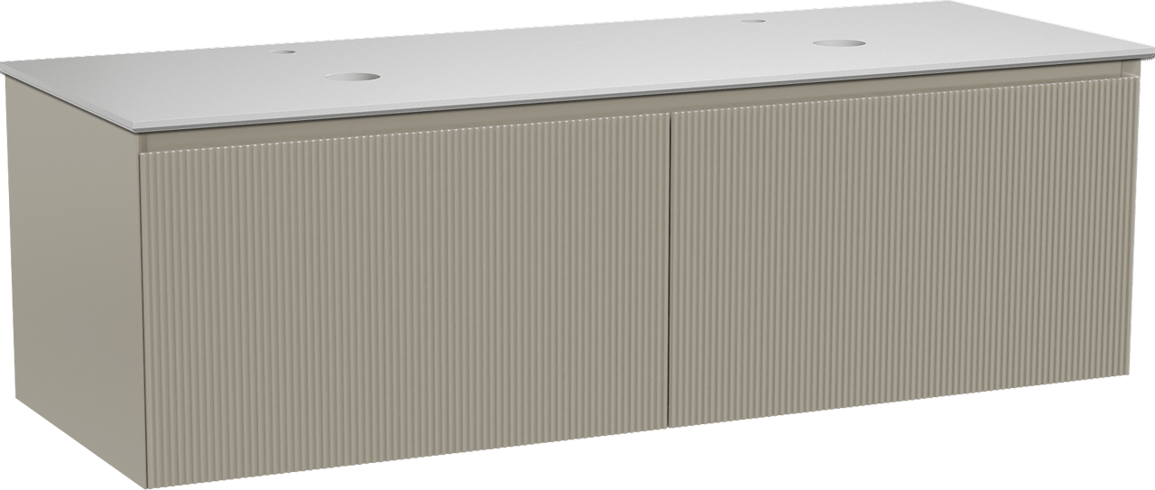 Balmani Fila zwevend badmeubel 150 x 55 cm steengrijs met Facetta dubbel wastafelblad in solid surface mat wit, Verticale symmetrische rechte ribbel