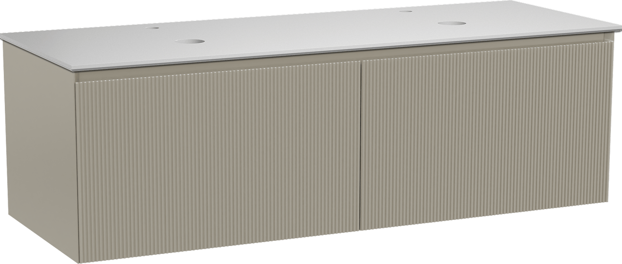 Balmani Fila zwevend badmeubel 150 x 55 cm steengrijs met Facetta dubbel wastafelblad in solid surface mat wit, Verticale symmetrische rechte ribbel