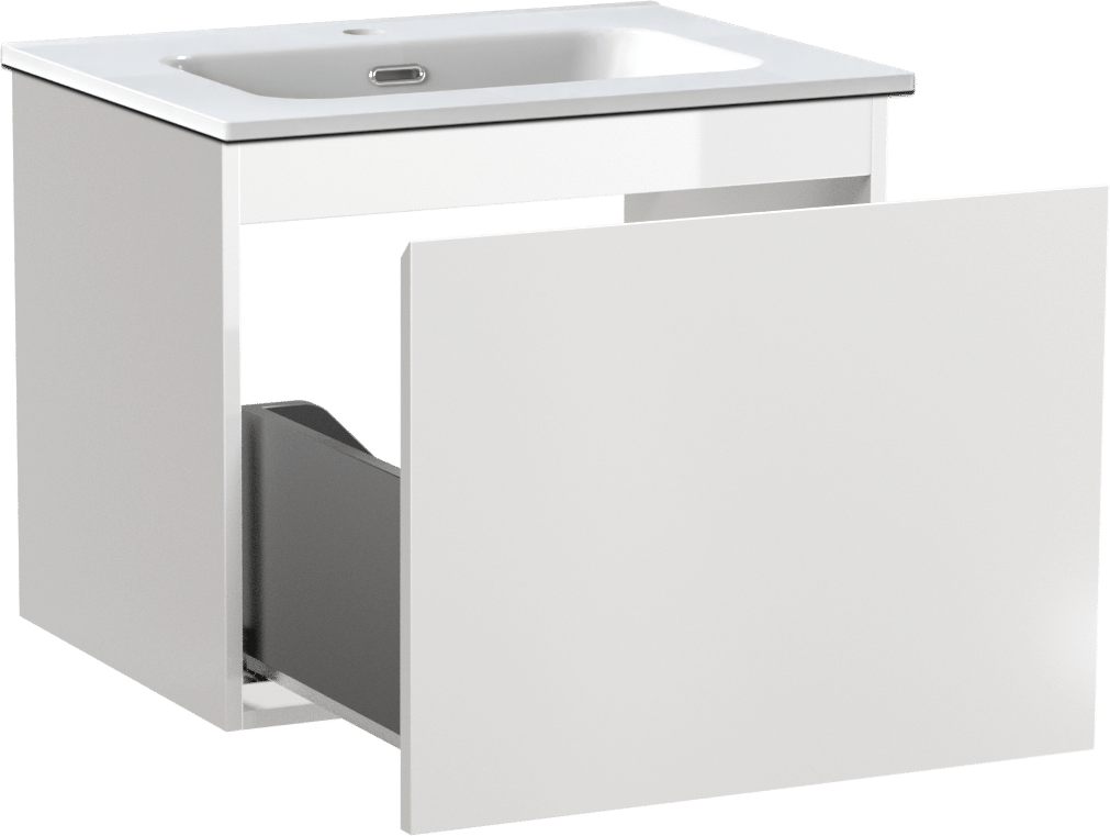 Linie Lado hängendes Möbelstück Set: 60 x 46 cm, Weiß glänzend, mit Baro Einzelwaschtisch, Porzellan Weiß glänzend