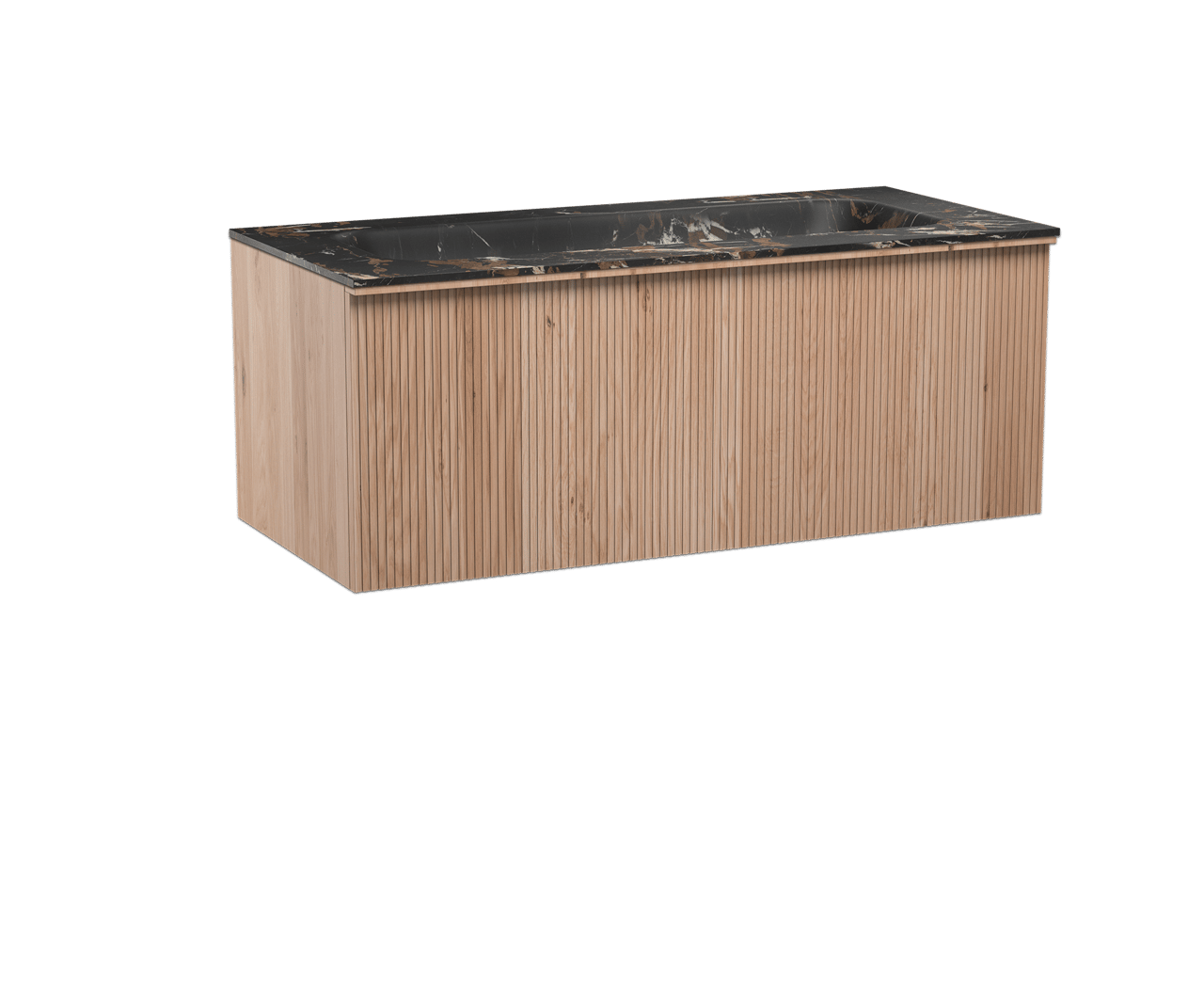 Balmani Forma zwevend badkamermeubel 120 x 55 cm natuur eik met Tablo Arcato enkele wastafel voor 2 kraangaten in marmer portoro gold, Verticale symmetrische rechte ribbel