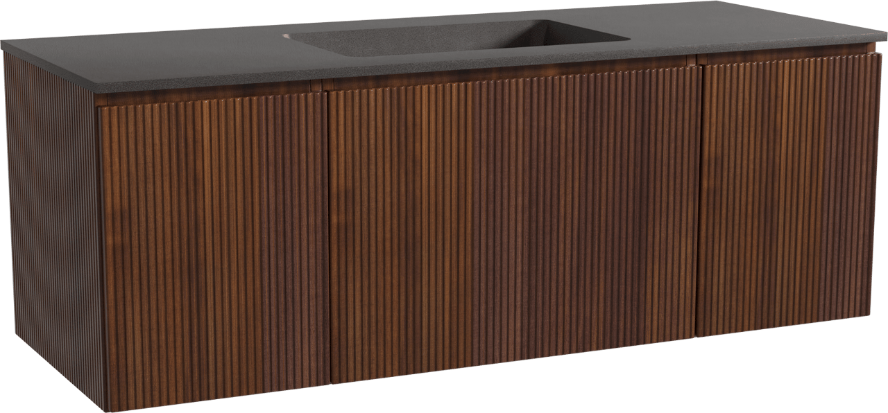 Storke Ribs zwevend badmeubel 135 x 52 cm notenhout met Scuro enkele wastafel in kwarts mat zwart, Verticale symmetrische rechte ribbel