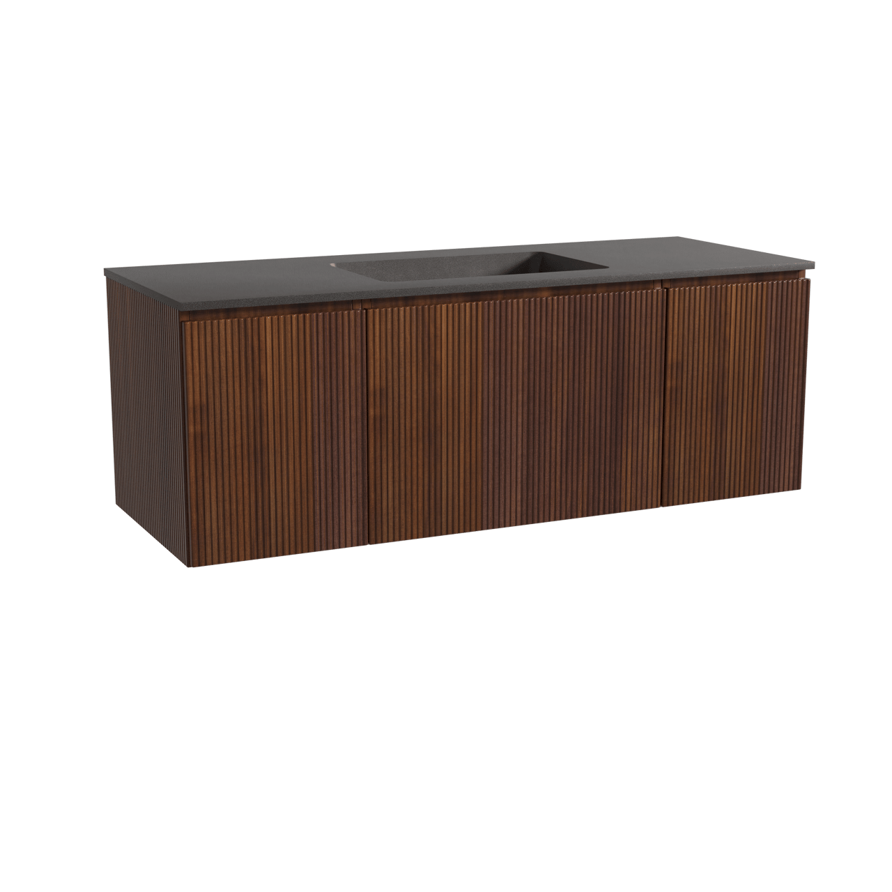 Storke Ribs hängendes Möbelstück Set: 135 x 52 cm, Nussbaum, mit Scuro Einzelwaschtisch, Quarz, Schwarz matt, Vertikale symmetrische gerade Rippe